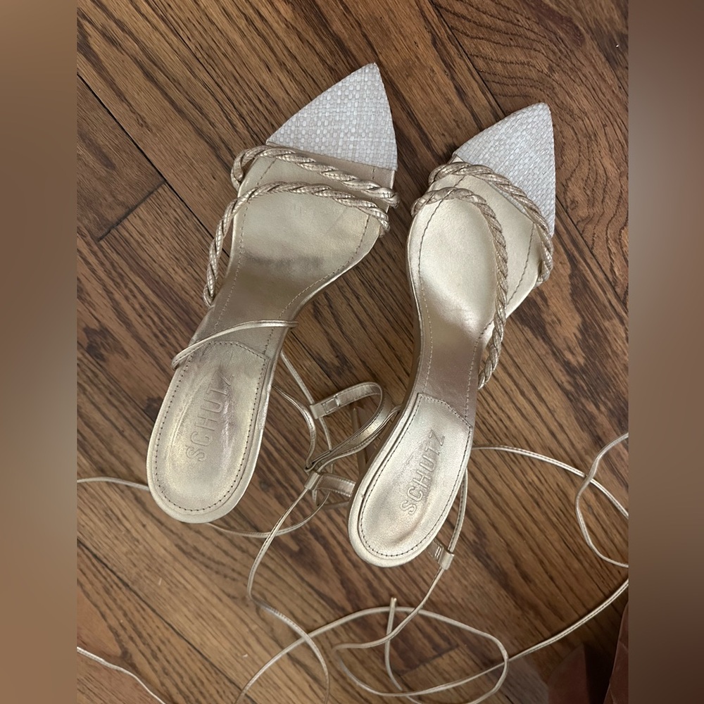 SCHUTZ Metallic Gold and White Heels